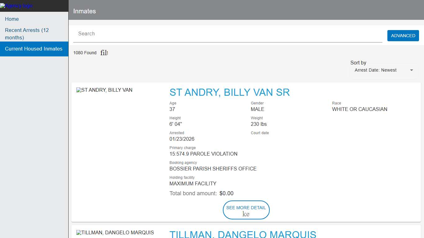 Bossier Parish Sheriff's Office Police to Citizen - Inmates catalog